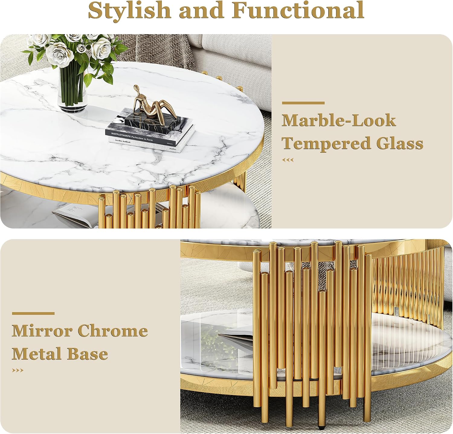 Round 2-Tier Coffee Table, 37' White Faux Marble Top and Gold Stainless Steel Frame, Luxury Modern Center Table for Living Room, Office or Apartment