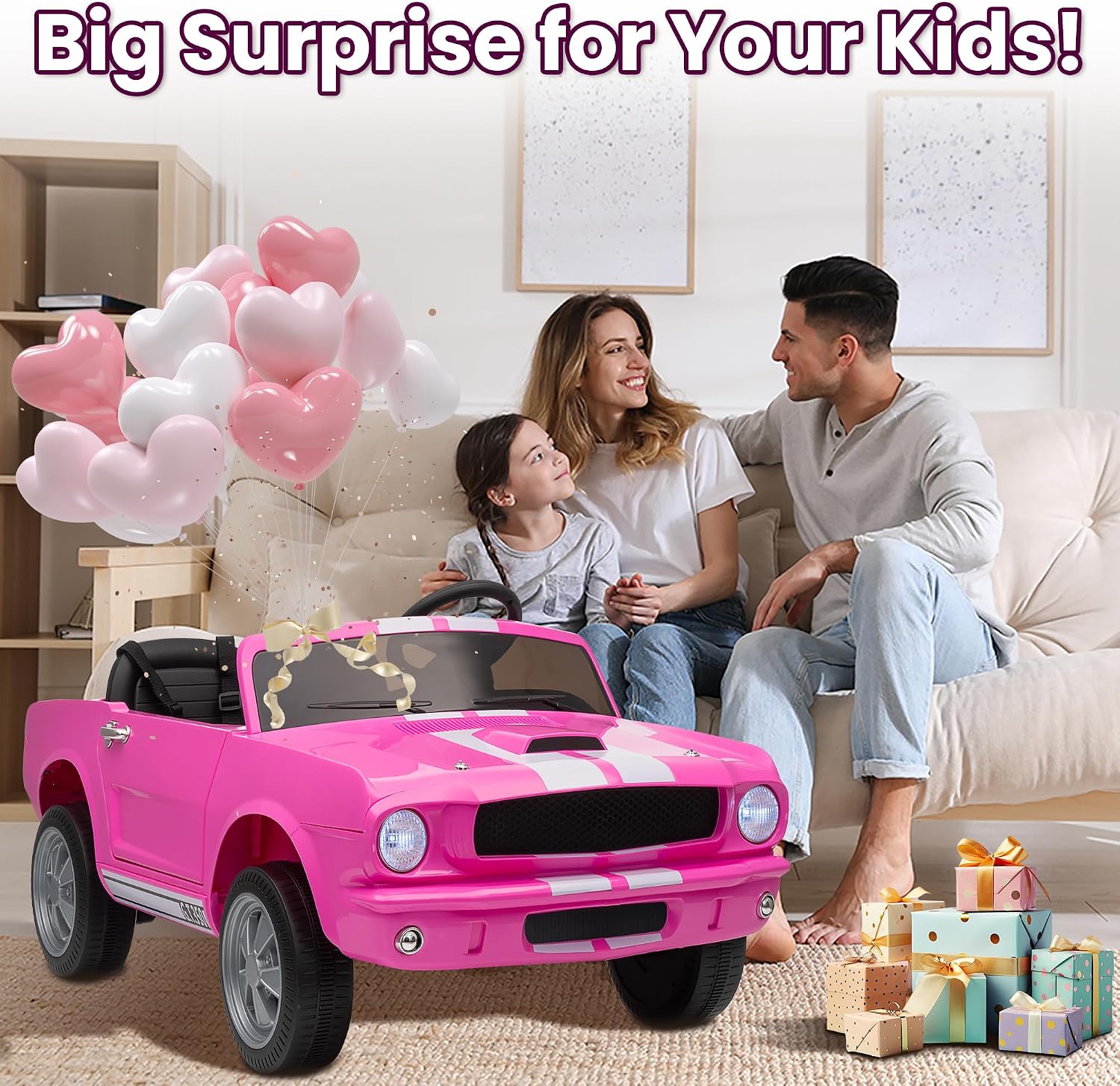 Wanan 24V Licensed Shelby Electric Car for Kids, Ride On Toy with Remote Control, Bluetooth Music, Adjustable 3 Speed, Multiple Panel, LED Lights, Shock Absorbers, Safety Belt (24V, Pink)