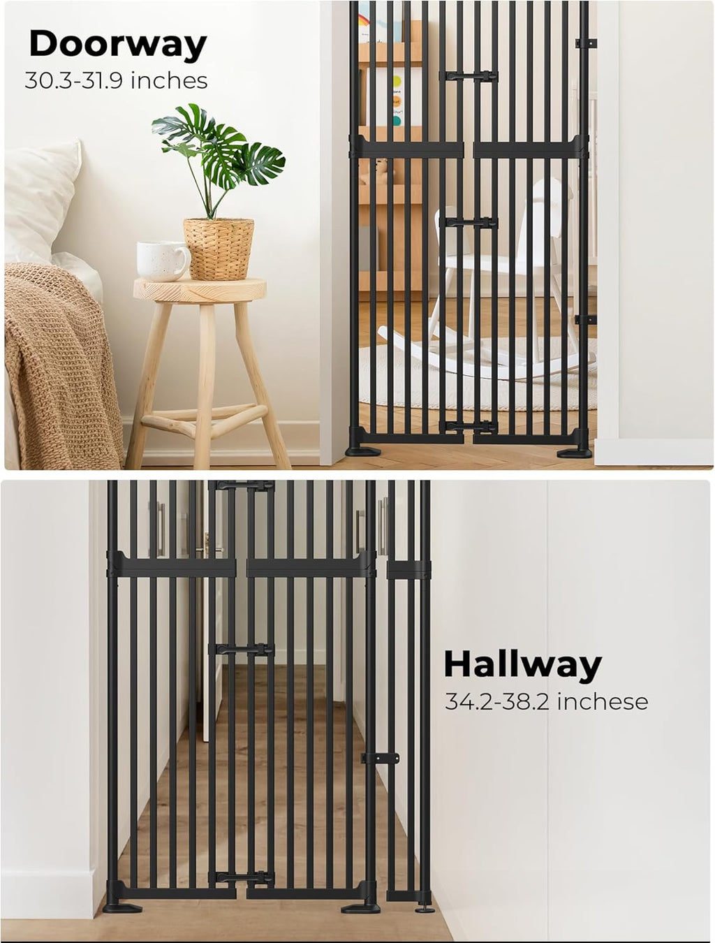 Extra Tall Cat Gate, 74.8'–90.5' High x 30.3'–38.2' Wide, No-Drill Pressure Mounted Safety Barrier for Doorways, Stairs, Hallways, Multi-Pet Separation，Black