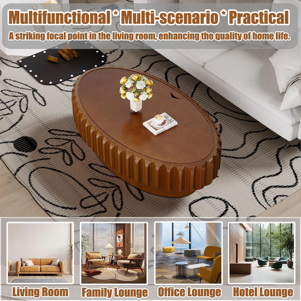 43.3' Oval Drum Coffee Table with Hidden Storage, Modern Fluted Coffee Tables with Solid Wood Veneer, Wooden Center Table for Living Room, Bedroom, Apartment, Easy Assembly