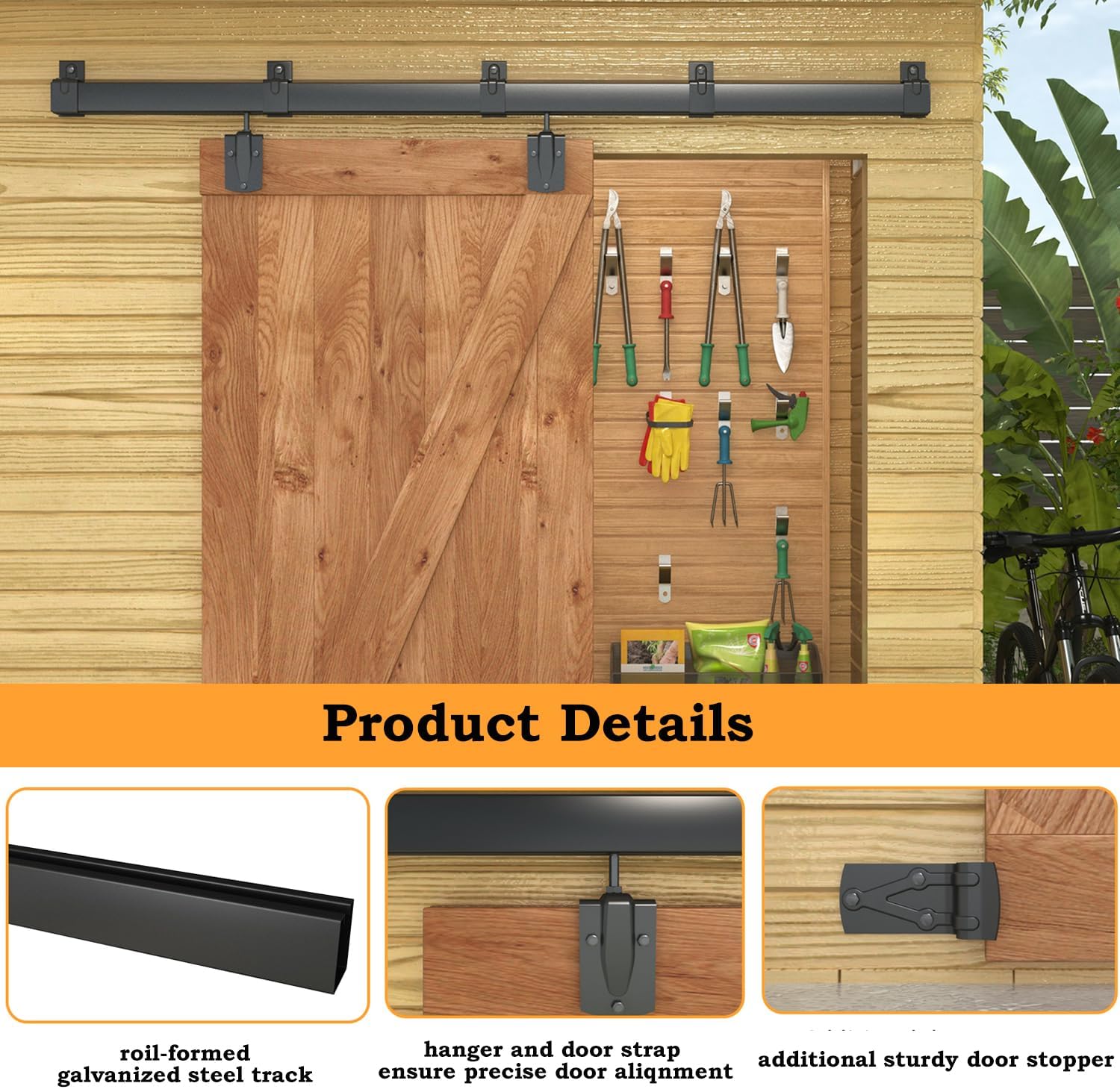 8FT Black Box Rail Exterior Barn Door Hardware Kit, Sliding Heavy Duty Barn Door Track, Wall Mount Barn Door Hardware with 5 Track Brackets(Doors NOT Include）