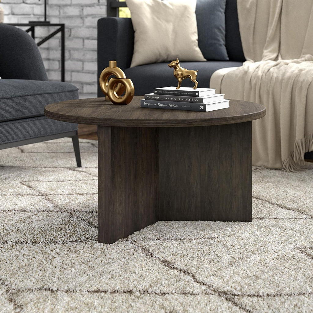 Henn&Hart 32' Round Pedestal Coffee Table for Living Room, Family Room, Office, or Apartment, Rich Brown
