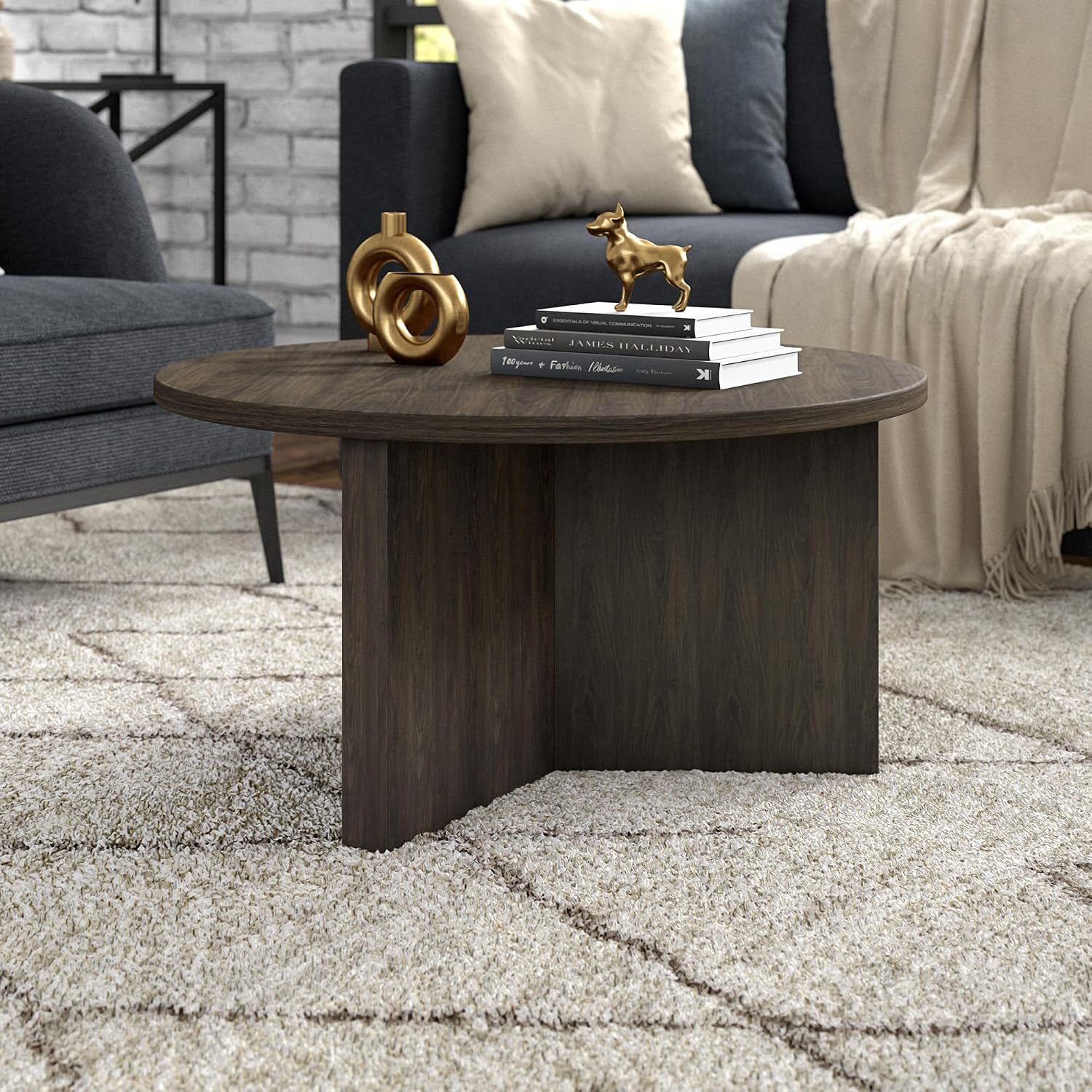 Henn&Hart 32' Round Pedestal Coffee Table for Living Room, Family Room, Office, or Apartment, Rich Brown
