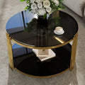 31.5'' Tempered Glass Round Coffee Table for Living Room, 2-Tier Modern Circle Coffee Table, Black Mirror Tabletop & Metal Drum Base, Easy Assembly, Black & Gold