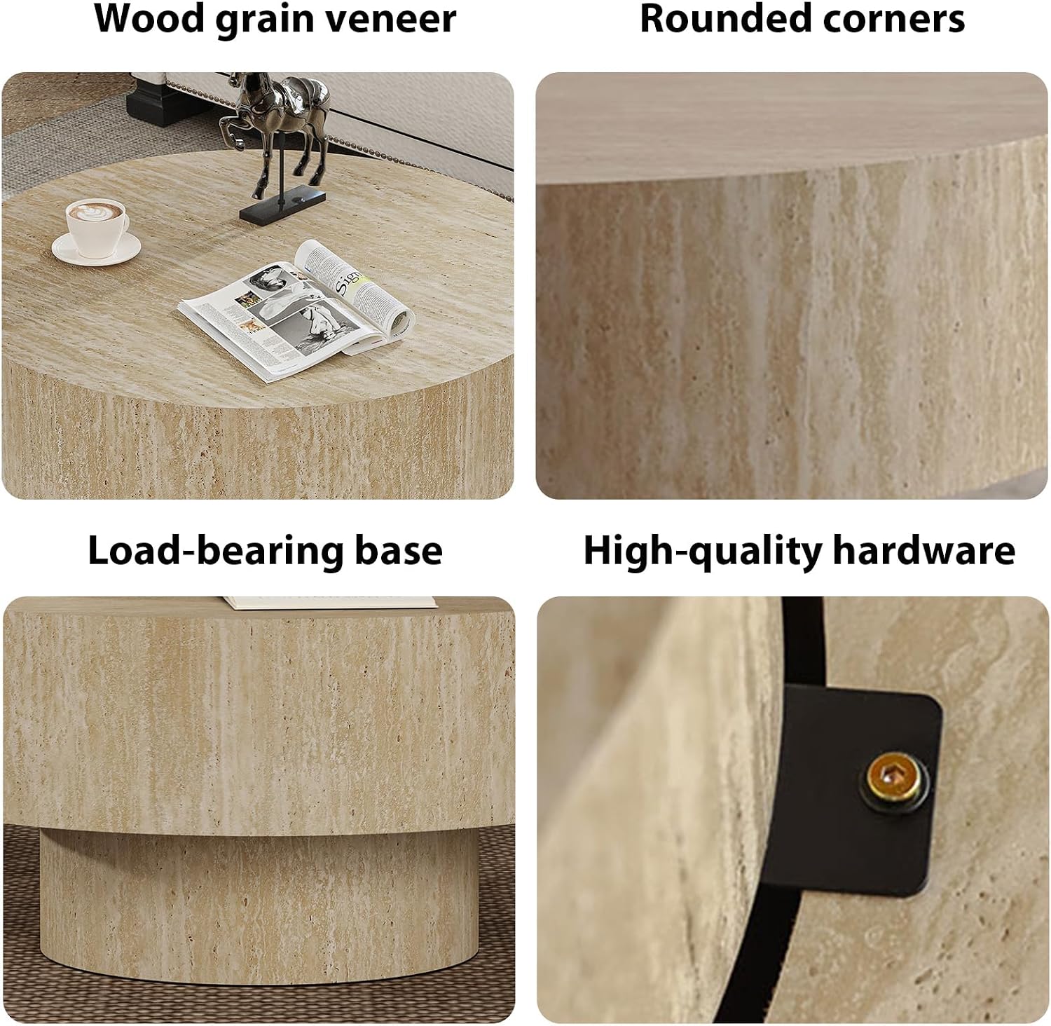 Modern Round Coffee Table, Round Coffee Tables for Living Room Contemporary Low Circle Center Table for Apartment, Farmhouse, Office, Mesa De Cafe (Round Travertine)