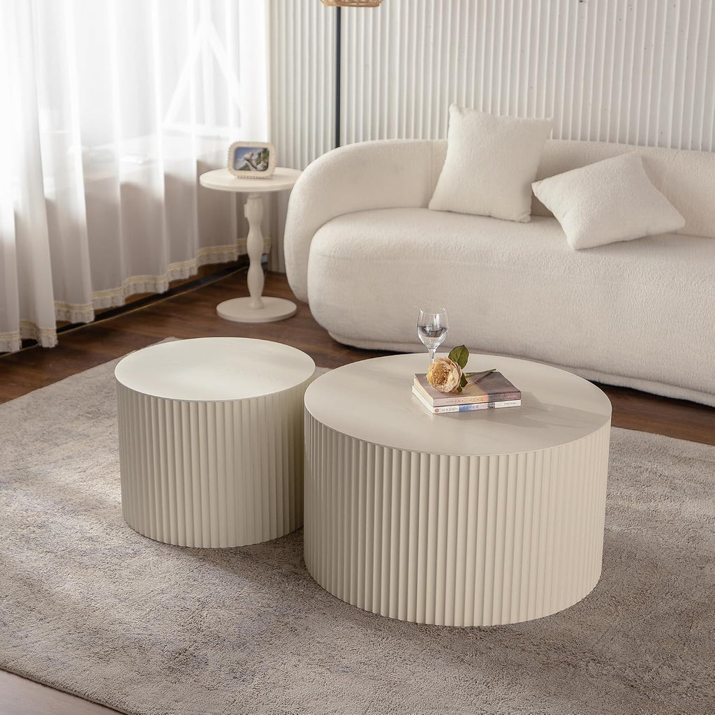 47.25 inch Round Wood Coffee Table Set for Living Room for Small Space Apartment and No Need Assembly Beige