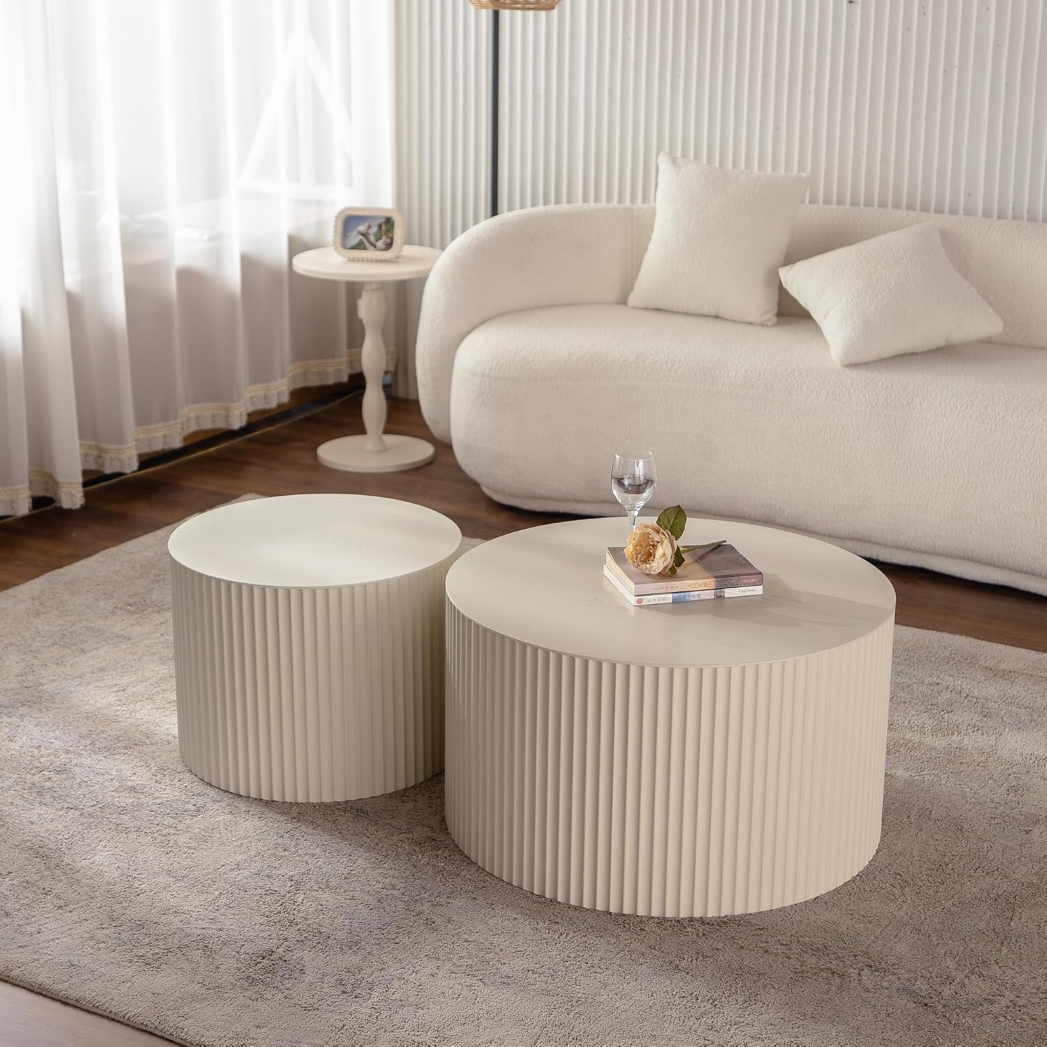47.25 inch Round Wood Coffee Table Set for Living Room for Small Space Apartment and No Need Assembly Beige