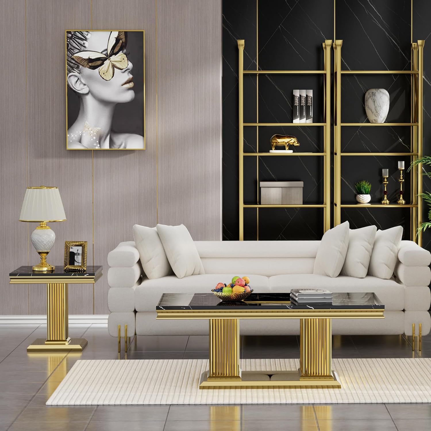 2 Pieces Living Room Table Set, Faux Marble Coffee Table Set of 2, Modern Coffee Table and End Table with Column-Shaped Stainless Steel Base for Living Room Office Black Gold