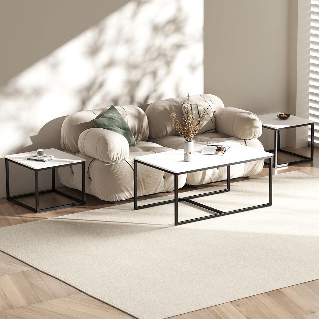 Nesting Coffee Tables,3 Piece Living Room Coffee Table,Industrial Rectangular Coffee Table Set,End Table Side Tables for Living Room Bedroom(White)
