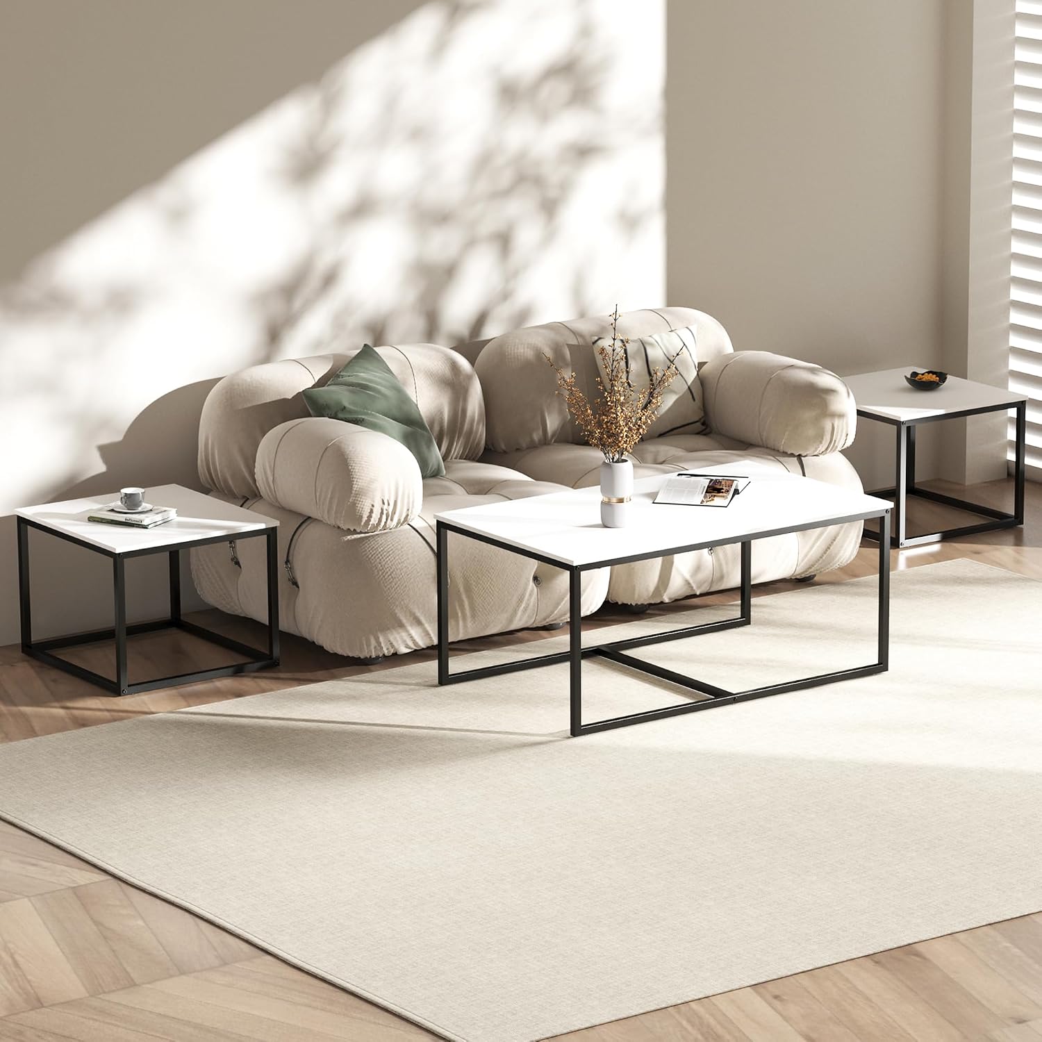 Nesting Coffee Tables,3 Piece Living Room Coffee Table,Industrial Rectangular Coffee Table Set,End Table Side Tables for Living Room Bedroom(White)