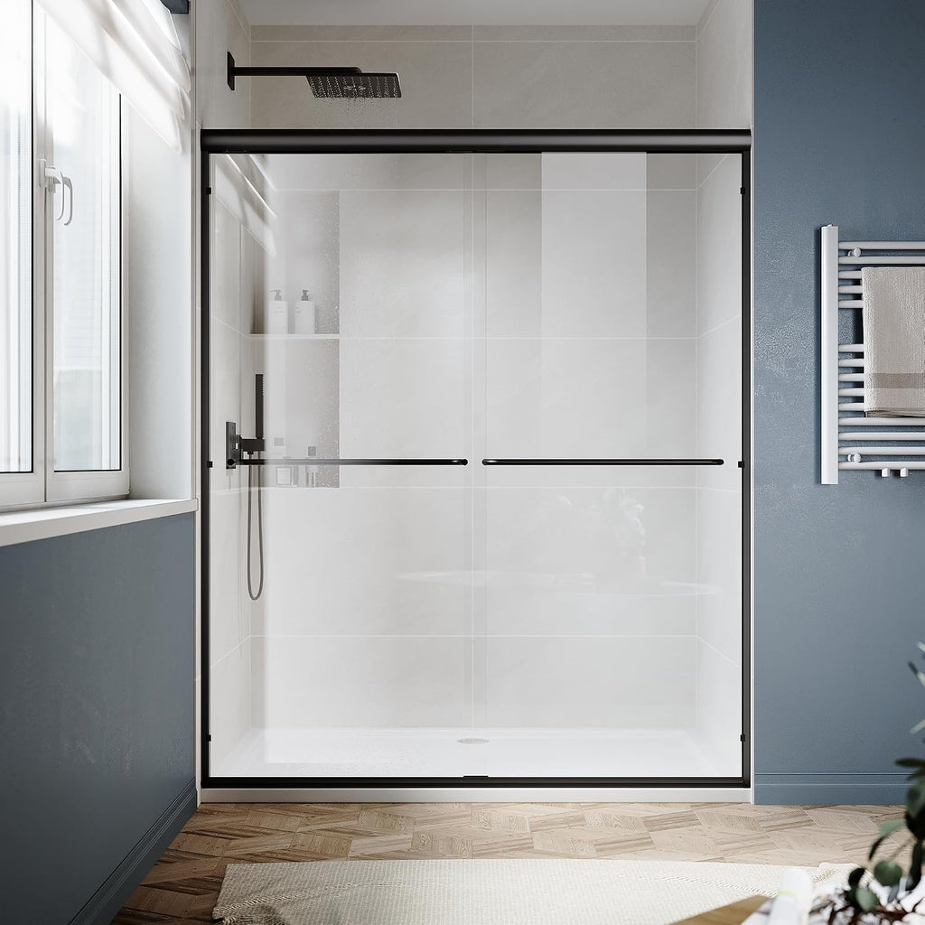 SUNNY SHOWER Double Sliding Glass Door 54' W x 72' H Shower Door 1/4' Tempered Glass Sliding Door Semi-Frameless Shower Glass Enclosure Bypass Walk in Shower Cabin, Matte Black