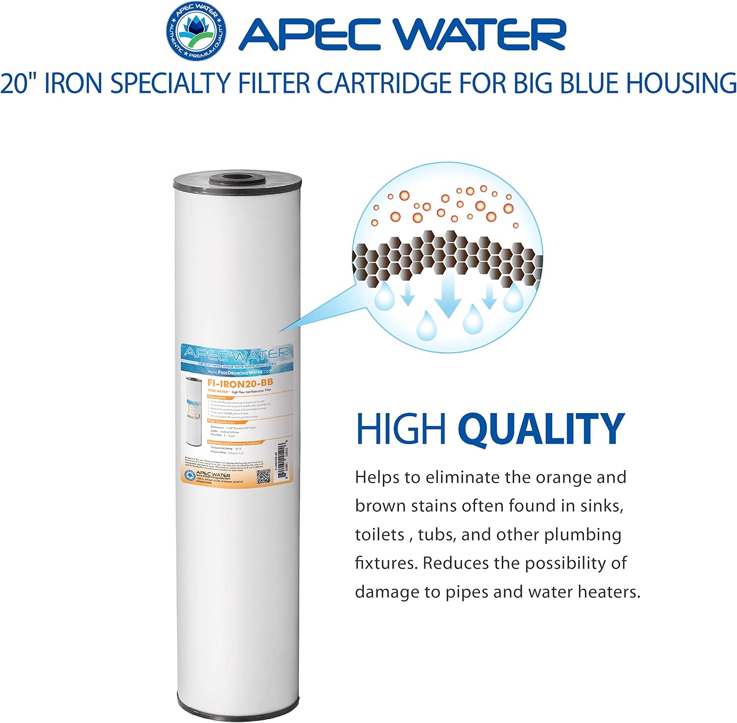 APEC Water Systems 20' Whole House BB Replacement Water Filter High Flow Iron Reduction (FI-IRON20-BB)