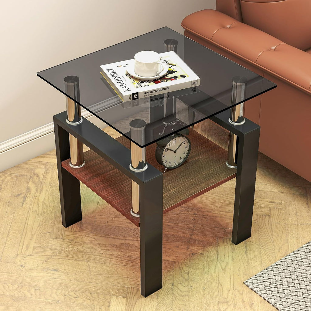 Modern Glass Coffee Table Set of 3 with Storage, Black End Tables with Metal Leg, Gray Rectangle Tempered Glass Center Table for Living Room Furniture