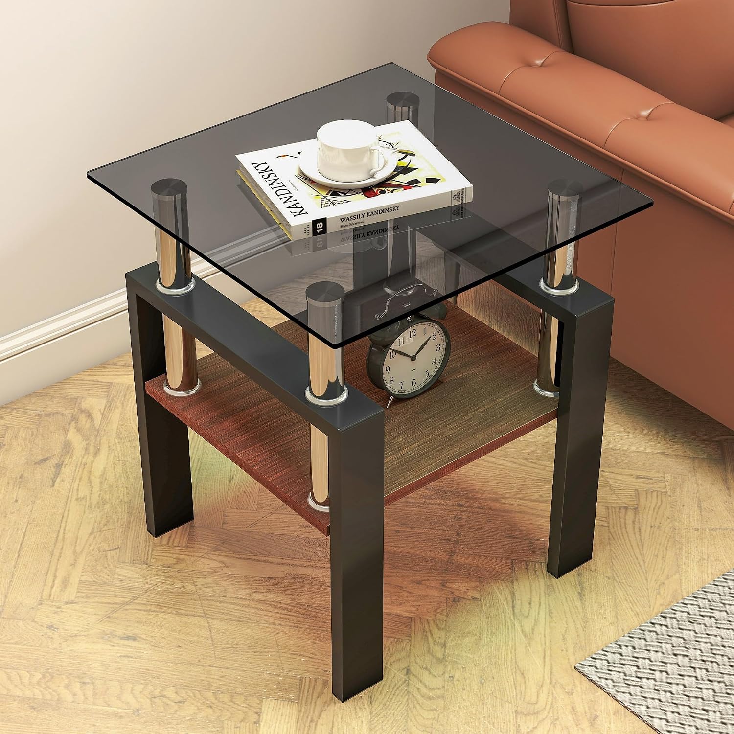 Modern Glass Coffee Table Set of 3 with Storage, Black End Tables with Metal Leg, Gray Rectangle Tempered Glass Center Table for Living Room Furniture