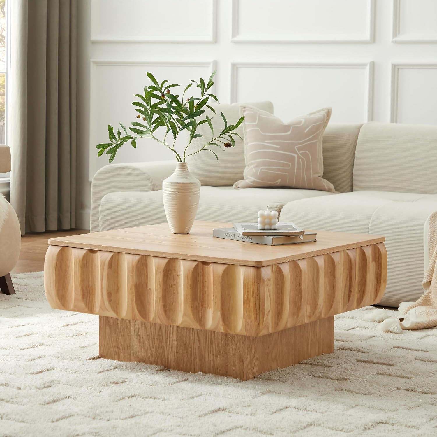 31.1'' Lift Top Coffee Table with Hidden Storage Space, Modern Drum Handcraft Wood Fluted Square Coffee Table for Living Room, Easy Assembly, Natural