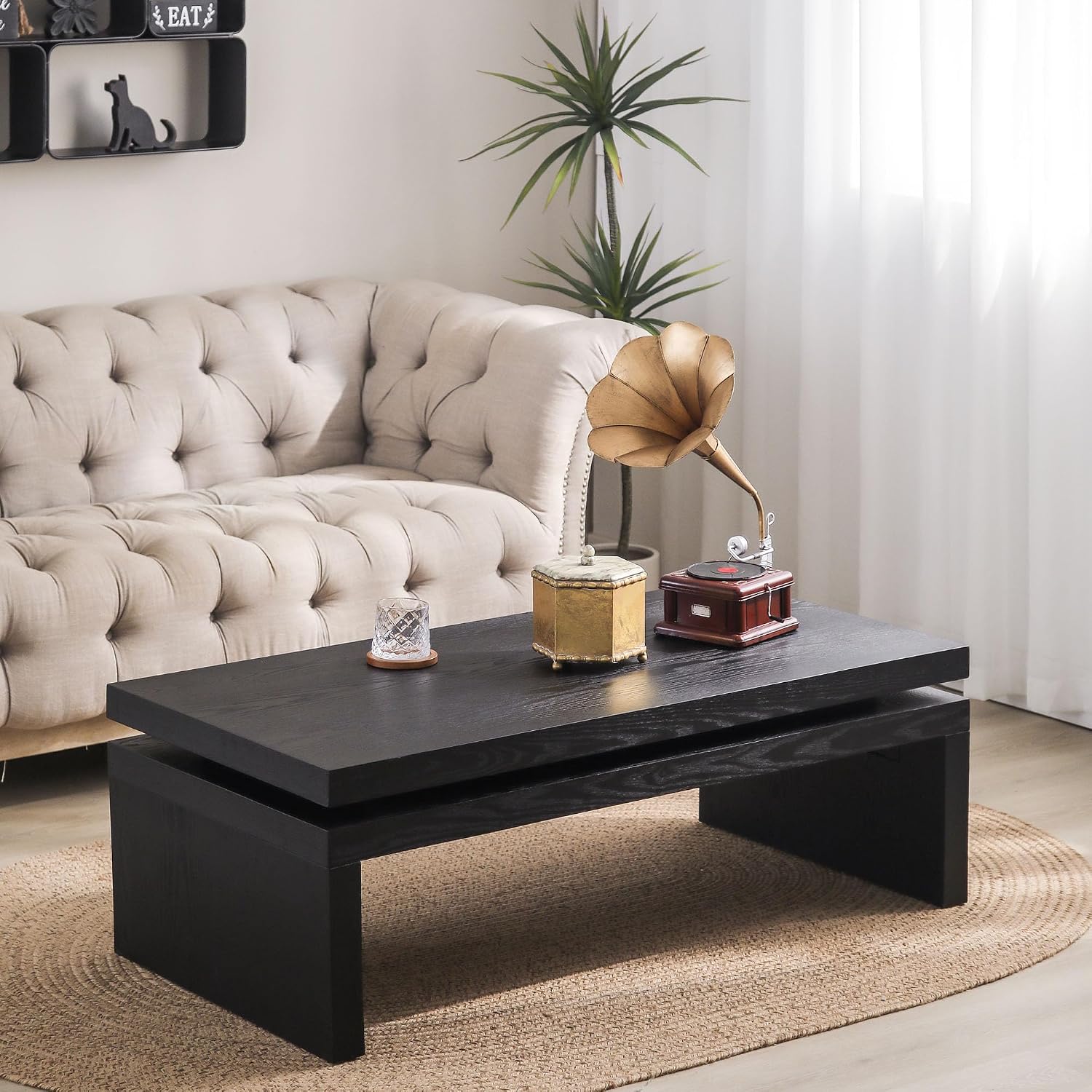 47.6' Farmhouse Wood Coffee Table, Mid Century Modern Wooden Coffee Tables for Living Room Natural Solid Firwood Tabletop Rectangle Center Table for Apartment Home Office Tea Table (Black)