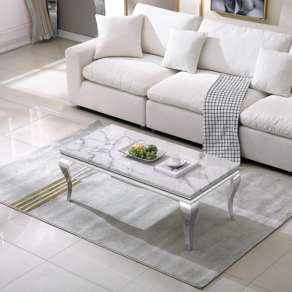 47' Marble Coffee Table for Living Room, Modern White Coffee Table with Silver Stainless Steel S-Shaped Legs, Faux Marble Rectangle Center Table Accent Cocktail Table for Home,Office