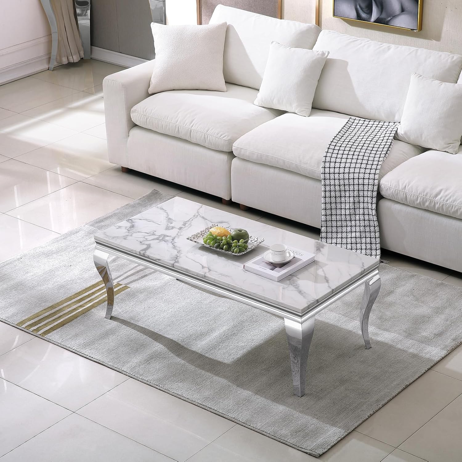 47' Marble Coffee Table for Living Room, Modern White Coffee Table with Silver Stainless Steel S-Shaped Legs, Faux Marble Rectangle Center Table Accent Cocktail Table for Home,Office