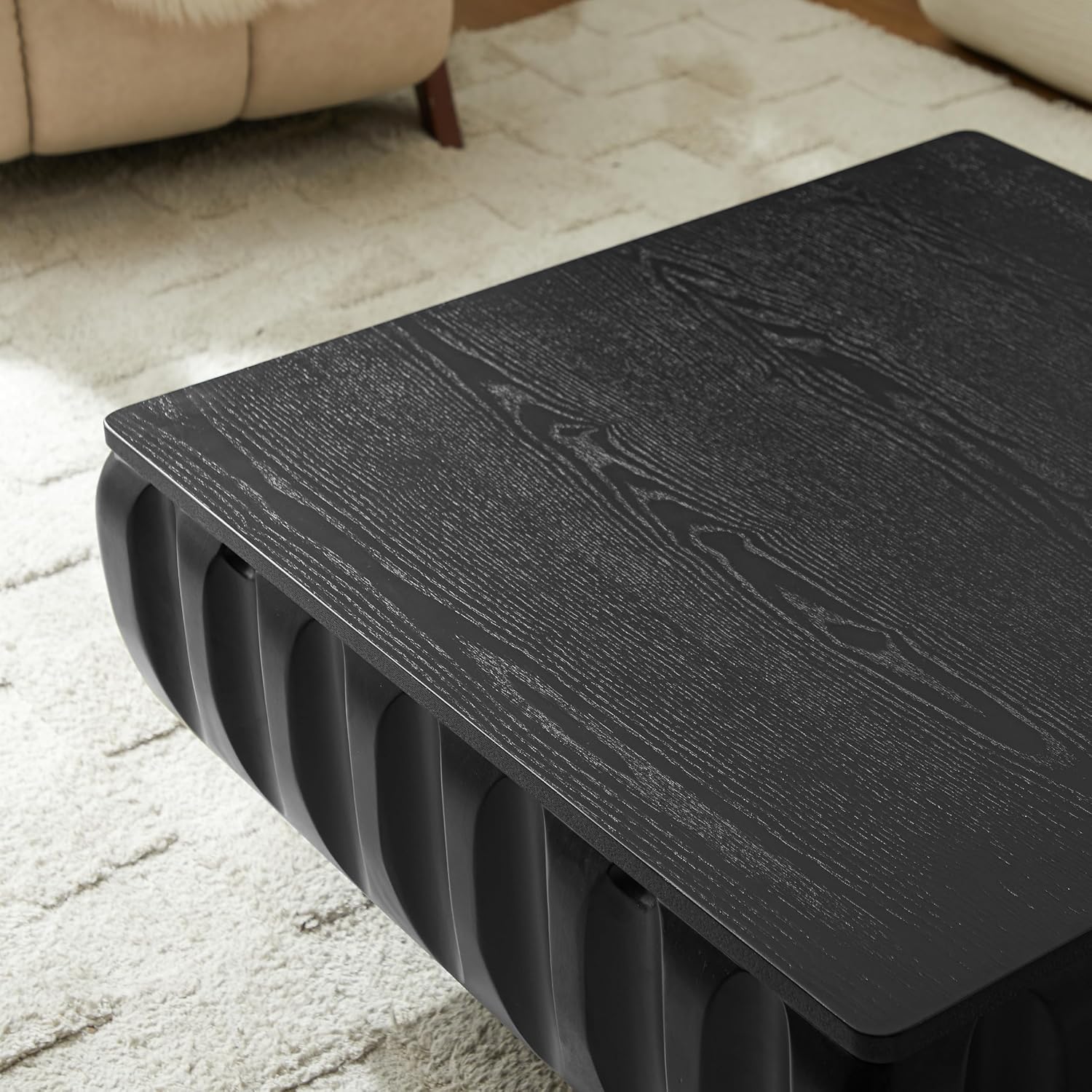 31.1'' Lift Top Coffee Table with Hidden Storage Space, Modern Drum Handcraft Wood Fluted Square Coffee Table for Living Room, Easy Assembly, Black