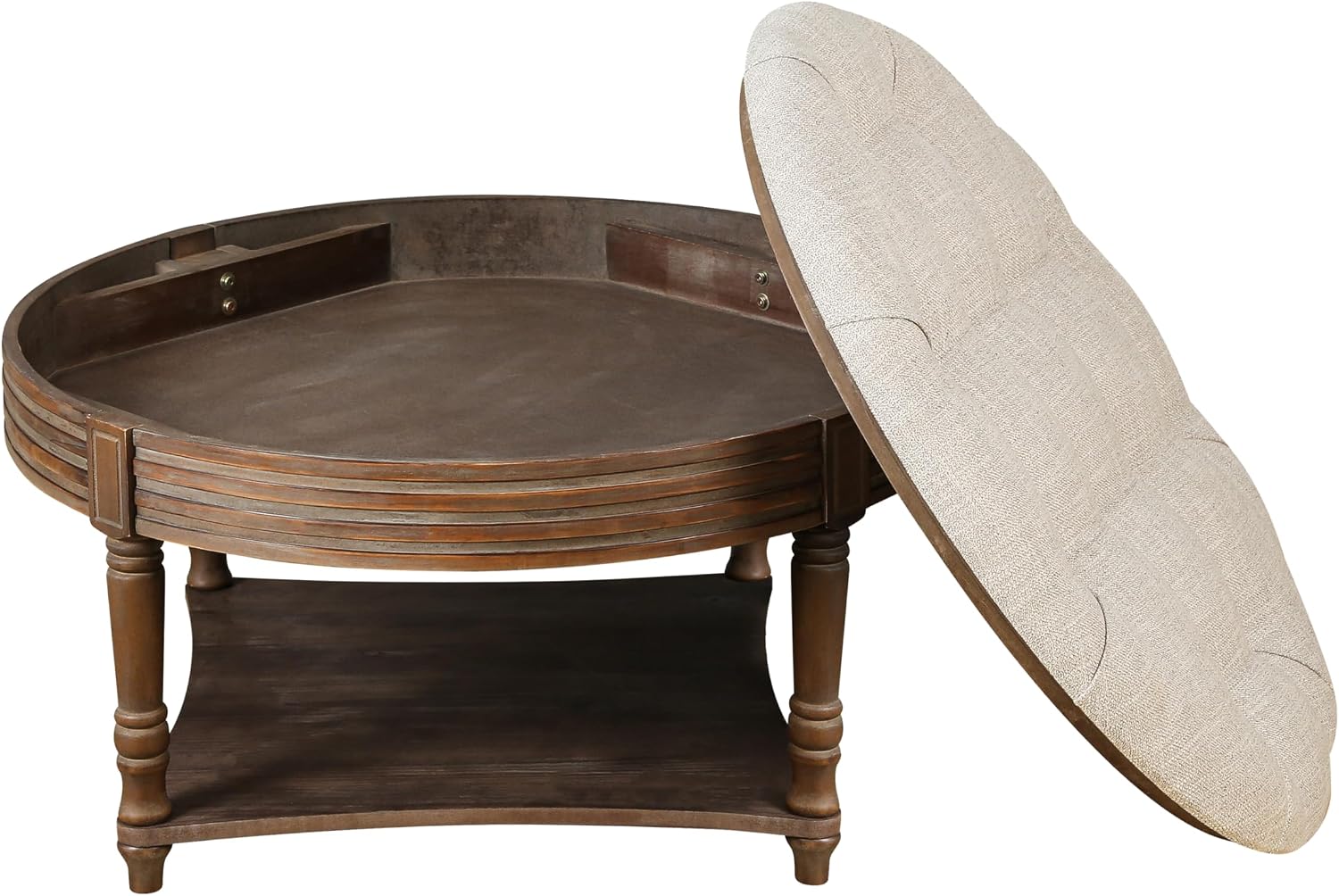 31.49'' Round Coffee Table with Storage Space, 2-Tier Modern Wood Circle Coffee Table for Living Room, Moveable Table Top & Easy Assembly & Waterproof Upholstered Linen, Beige & Wood