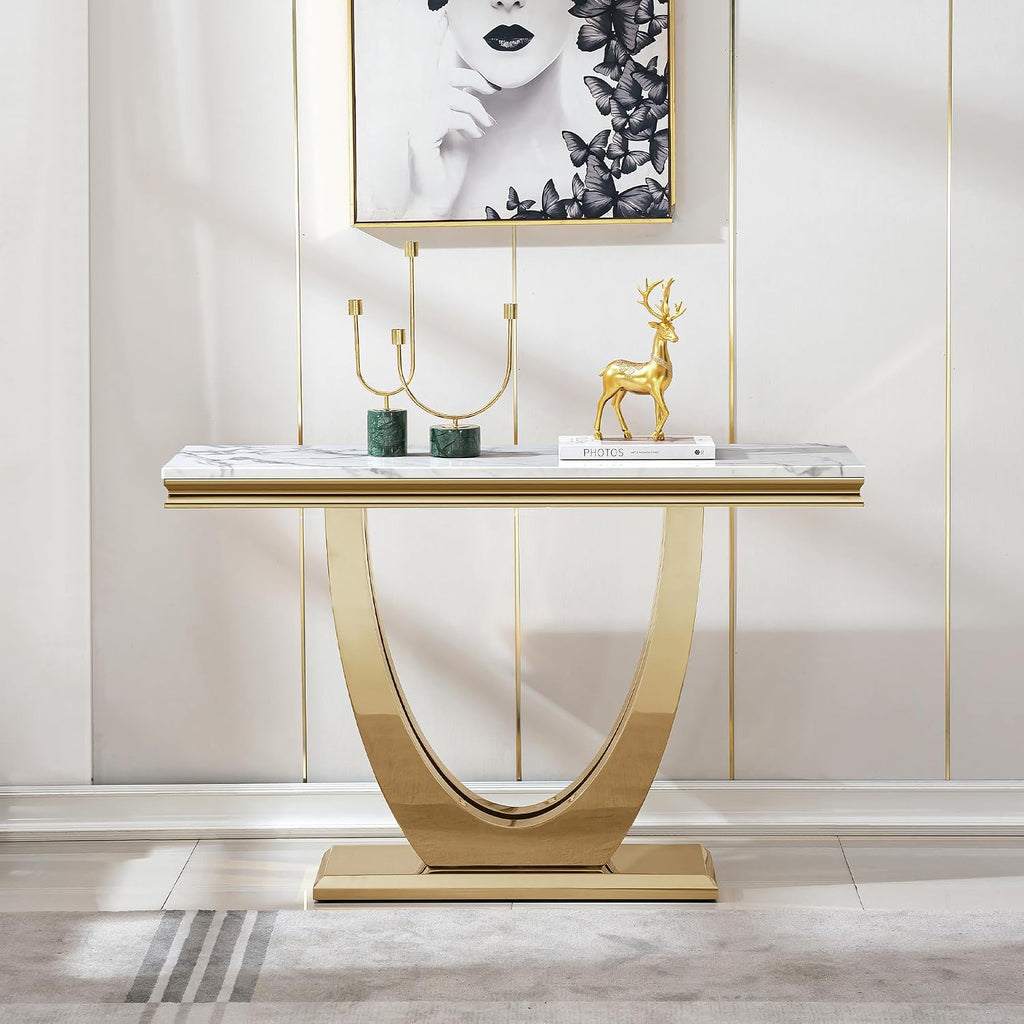 White Gold Console Table, 47' Faux Marble Entryway Table Narrow Long Sofa Table, Modern Accent Table Luxury Rectangle Behind Sofa Entrance Table Foyer Hallway Table for Living Room