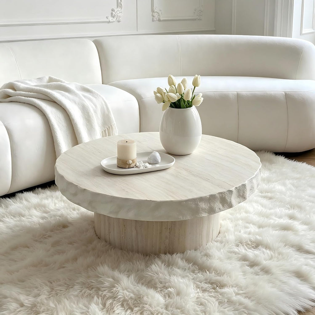 Round Coffee Table for Living Room Small Modern Faux Marble Center Circle Side Drum Accent Farmhouse Coffee Tables Mid Century for Apartment Bedroom Office Balcony (31.7' x 13') Beige