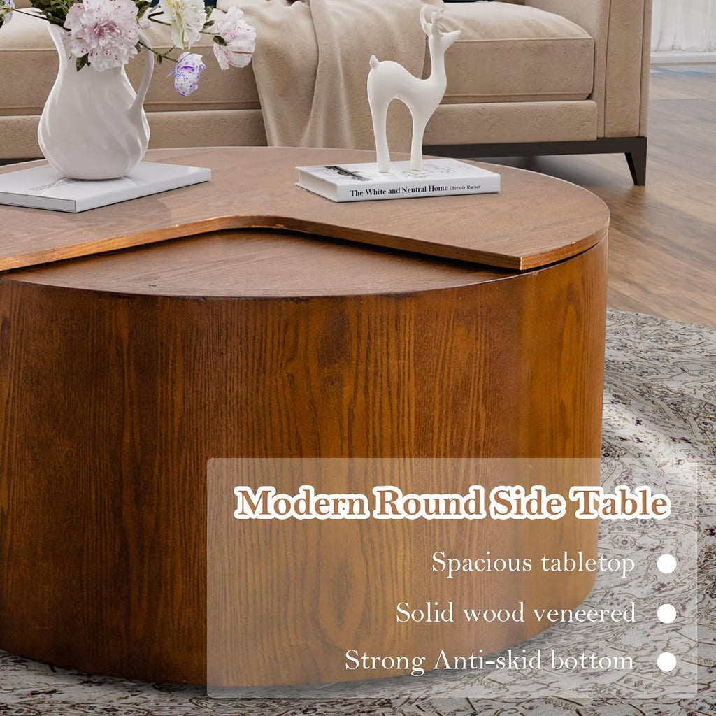 27.16' Modern Walnut Side Table with Storage, Mid Century Round Sofa End Table - 360° Rotation Tabletop for Small Space No Assemble Required (Walnut 27.16in)