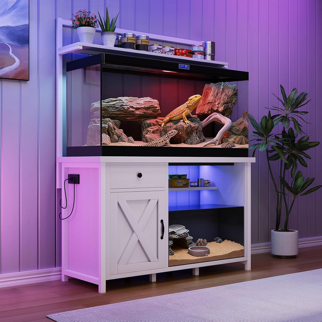 Reptile Tank Stand with Power Outlet, Terrarium Stand with Storage Cabinet, 49' X 20' Tabletop, Aquarium Stand with LED Lights, Reptile Terrarium,Turtle Tank, 1100LBS, White