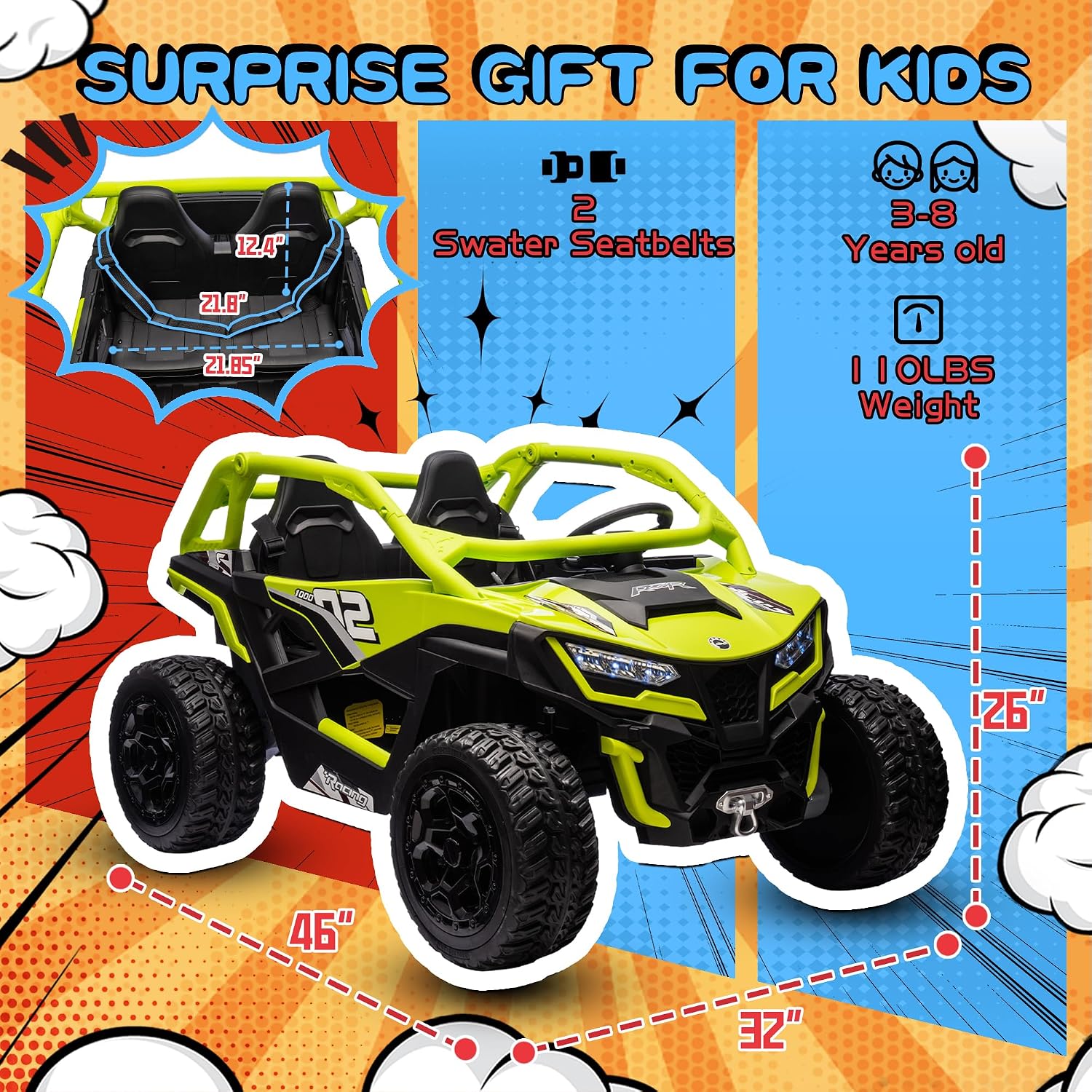 wanan XL 24V 10AH Ride on Toys for Big Kids Real 2-Seater, 4x4 4WD Motor Ride on Car Kid UTV for Kids 3-8, Remote Control, Bluetooth Music, 4 Spring Suspension, 22' Spacious Seats (Green)