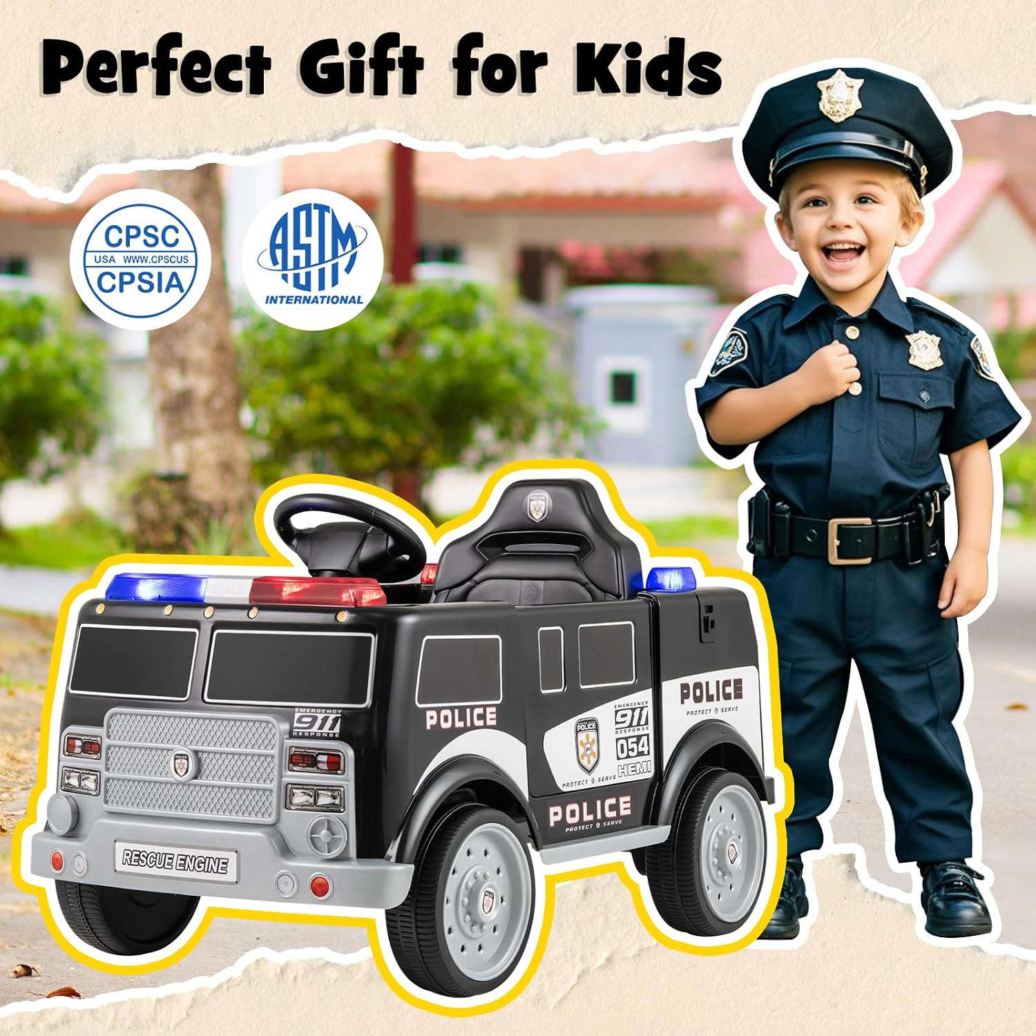 Costzon Ride on Police Car, 12V Battery Powered Electric Cop Cars for Kids w/3 Speeds, Megaphone, Music, FM Radio, Flashing Lights, Sirens, Ride on Toy w/Remote Control for Boys Girls 3+(Police Truck)