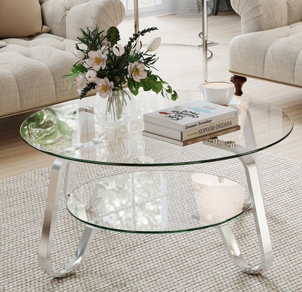 Rovibek Round Glass Coffee Table, 31.5 Modern Round Glass Coffee Tables with Storage and Metal Frame, 2-Tier Tempered Glass Top Small Center Table for Living Room, Easy Assembly, Sliver