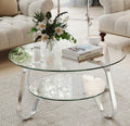 Rovibek Round Glass Coffee Table, 31.5 Modern Round Glass Coffee Tables with Storage and Metal Frame, 2-Tier Tempered Glass Top Small Center Table for Living Room, Easy Assembly, Sliver
