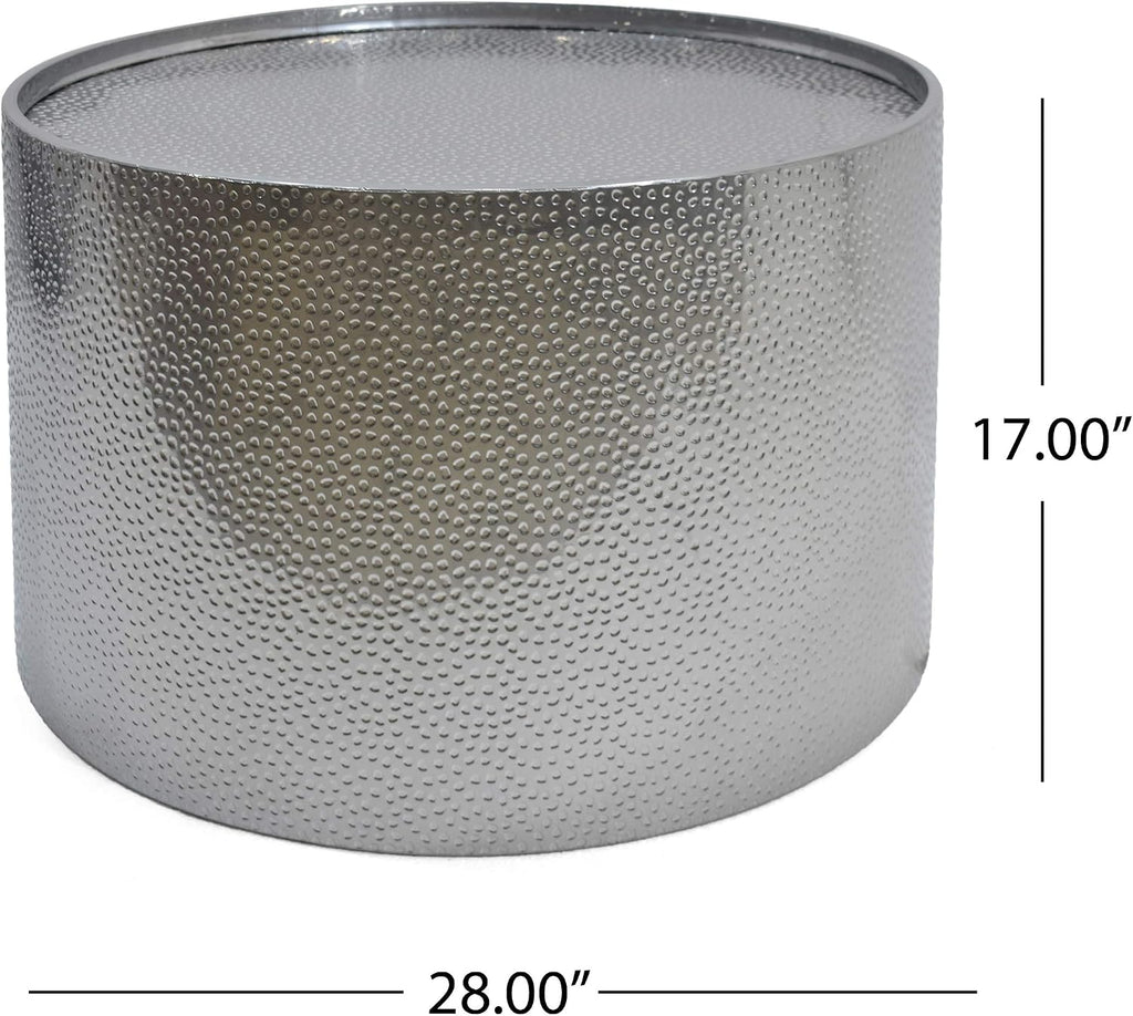 Christopher Knight Home Rache Modern Round Coffee Table with Hammered Iron, Silver, 26. 00' L x 26. 00' W x 17. 25' H