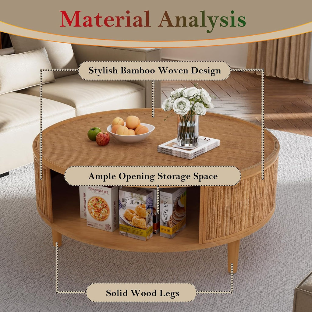 30.5in Rustic Round Coffee Table with Storage, Circular Farmhouse Bamboo Center Tables with Anti-Skid Solid Wood Legs, for Living Room (Bamboo Woven 30.5in)