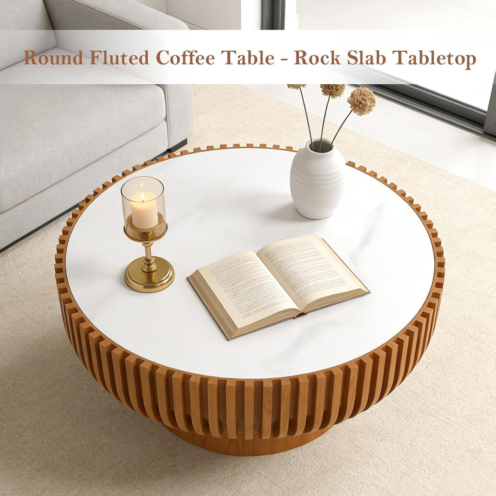 31.5' Round Fluted Coffee Table Unique Contemporary Wood Low Circle Drum Tea Tables with Spacious Rock Slab Tabletop & Sturdy Pedestal for Small Space (K 31.5in)