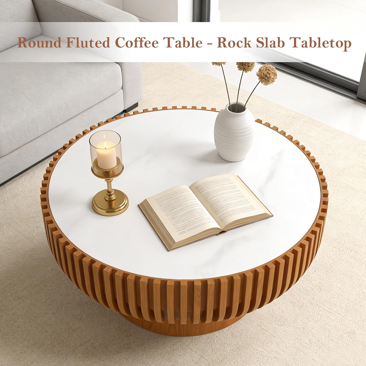31.5' Round Fluted Coffee Table Unique Contemporary Wood Low Circle Drum Tea Tables with Spacious Rock Slab Tabletop & Sturdy Pedestal for Small Space (K 31.5in)