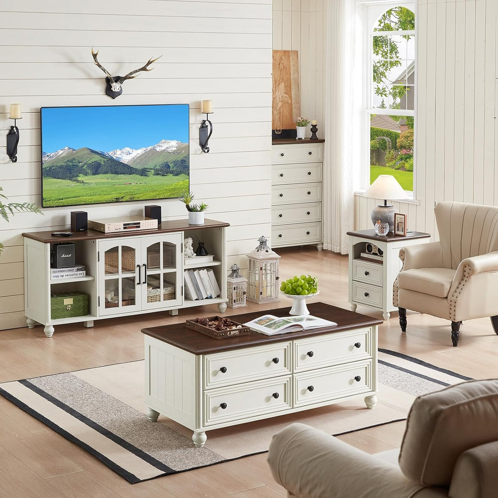 RWYHG Farmhouse Coffee Table & TV Stand Set of 4,Entertainment Center for 60 Inch TV,Wooden Coffee Tables with 4 Drawers, Nightstand with 3 Drawers and Charging Station for Living Room,Bedroom,White