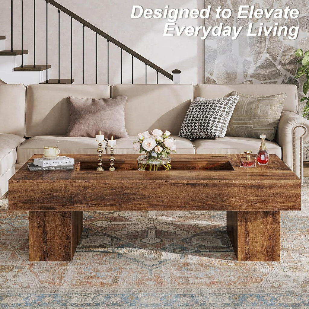 LVB Rustic Coffee Table, Large Wood Living Room Table with Storage, Modern Long Rectangle Led Center Table, Farmhouse Unique Low Wide Tea Table with LED Light for Home Office, 47.24 in, Rustic Brown
