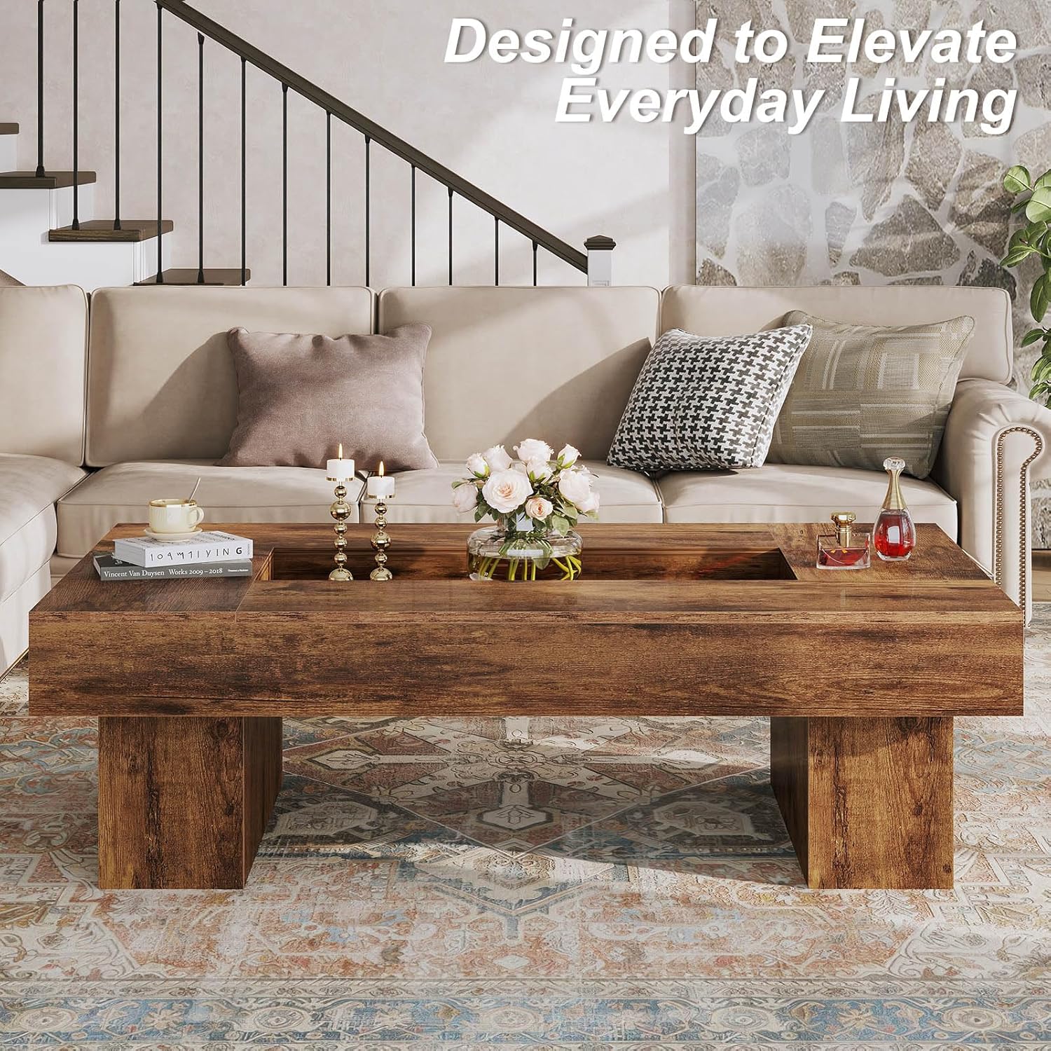 LVB Rustic Coffee Table, Large Wood Living Room Table with Storage, Modern Long Rectangle Led Center Table, Farmhouse Unique Low Wide Tea Table with LED Light for Home Office, 47.24 in, Rustic Brown