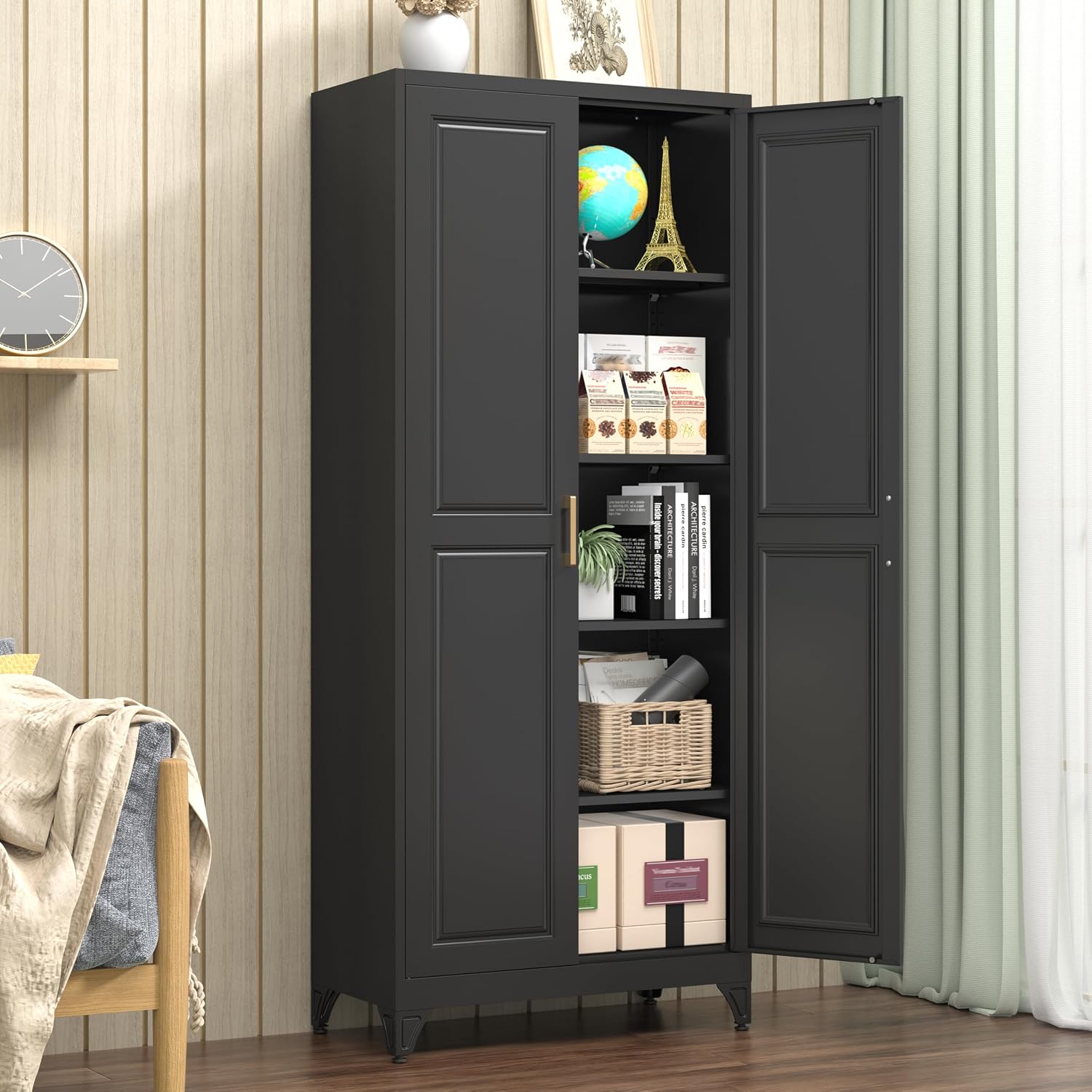 Polup Kitchen Pantry Cabinet, 75' H Metal Storage Cabinet with Doors and Shelves, 4 Standing Feet, Cupboard for Kitchen, Dining, Living Room, 16' D x 32' W x 75' H, Black, Assembly Required