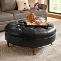 HULALA HOME 40' Genuine Leather Coffee Table, Large Round Button Tufted Coffee Table with Rolling Wheels, Solid Wood Legs, Nailhead Trim, Upholstered Ottoman Seating for Living Room, Black