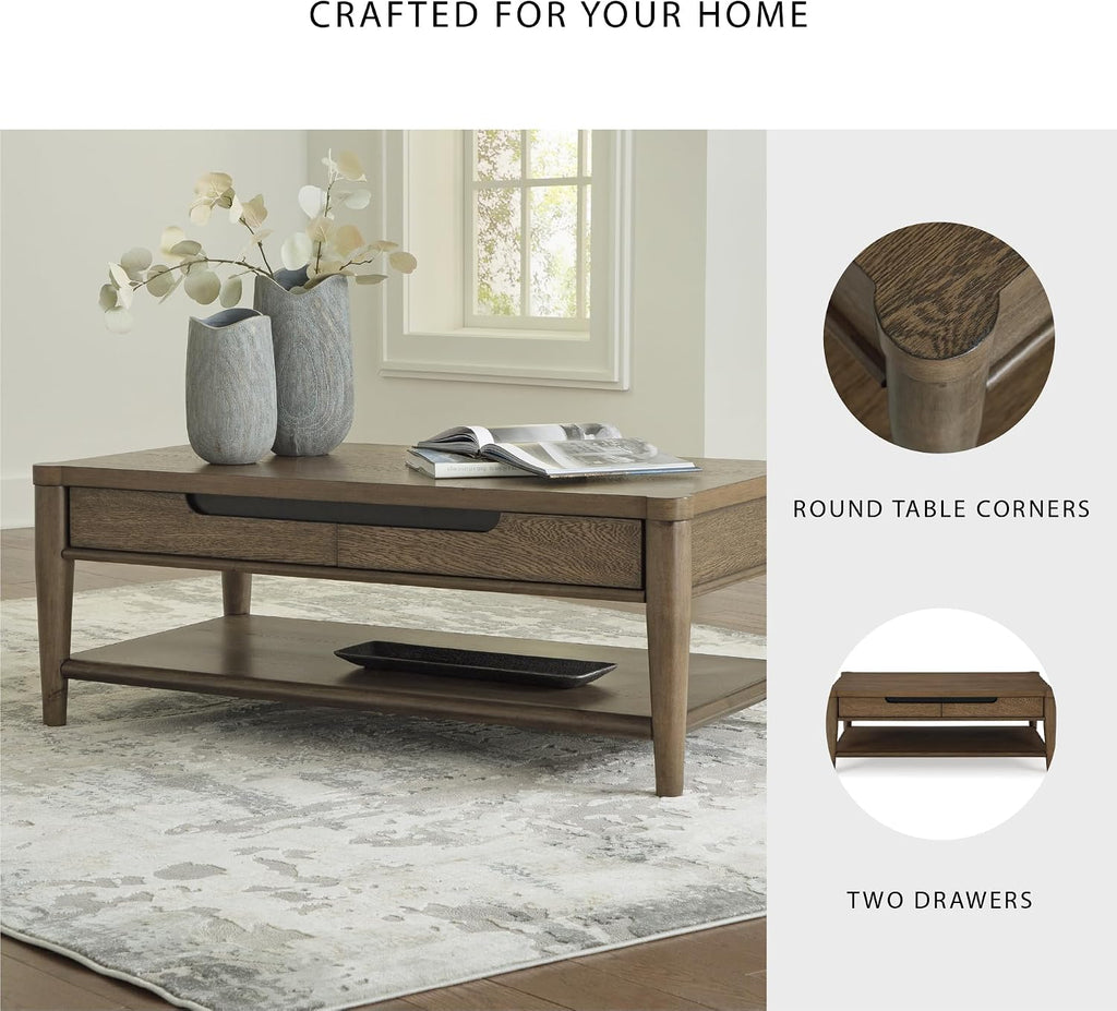 Signature Design by Ashley Roanhowe Contemporary 2-Drawer Coffee Table with Open Lower Shelf and Tapered Legs, Dark Brown