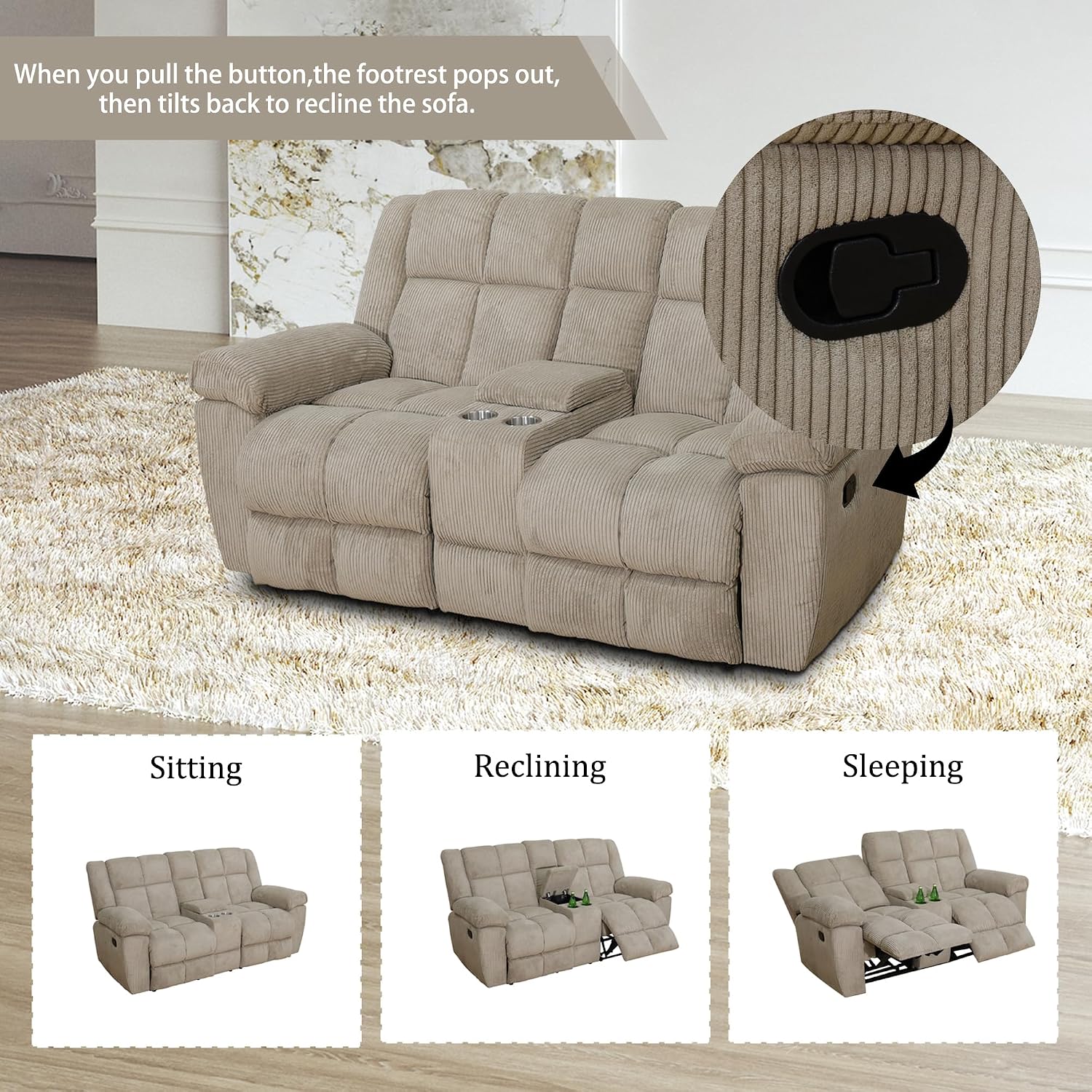 Maunal Recliner Sofa Set, Corduroy Fabric Reclining Living Room Set, Reclining Sofa Recliner Loveseat with Console & Cup Houlders, Recliner Couches for Living Room (Beige, Recliner Loveseat)