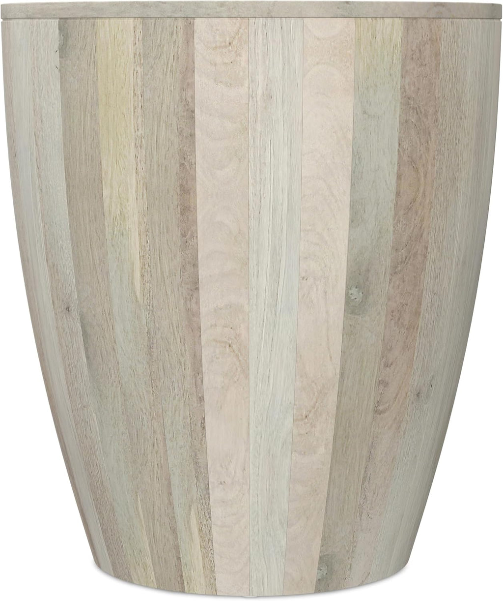 SIMPLIHOME Elmbrook End Table - 21 inch Wide Solid Mango Wood Round Drum Table with Vertical Panel Detailing in White Wash, Modern Nightstand or Plant Stand for Living Room or Bedroom, Assembled