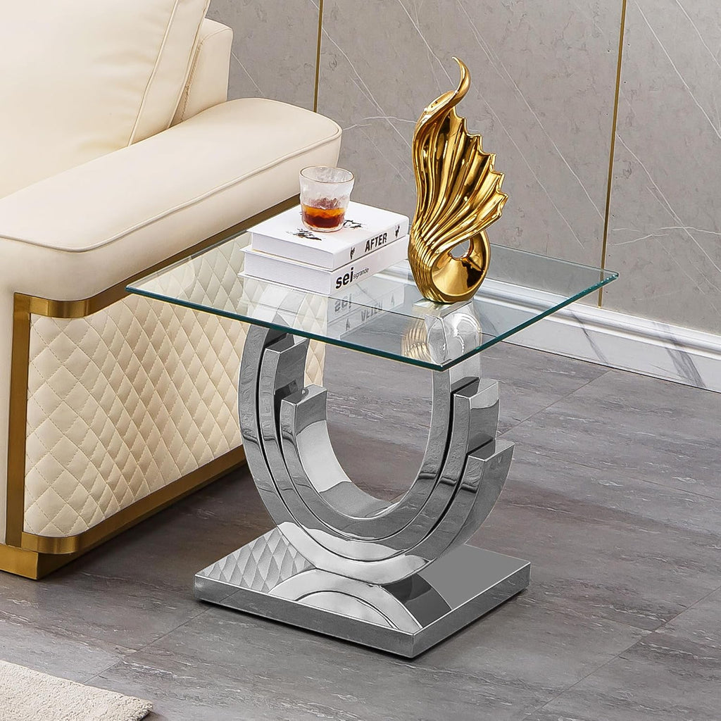3 Pieces Living Room Table Set, Glass Coffee Table Set of 3, Modern Coffee Table and 2 End Tables with Three U-Shaped Stainless Steel Base for Living Room (Silver)