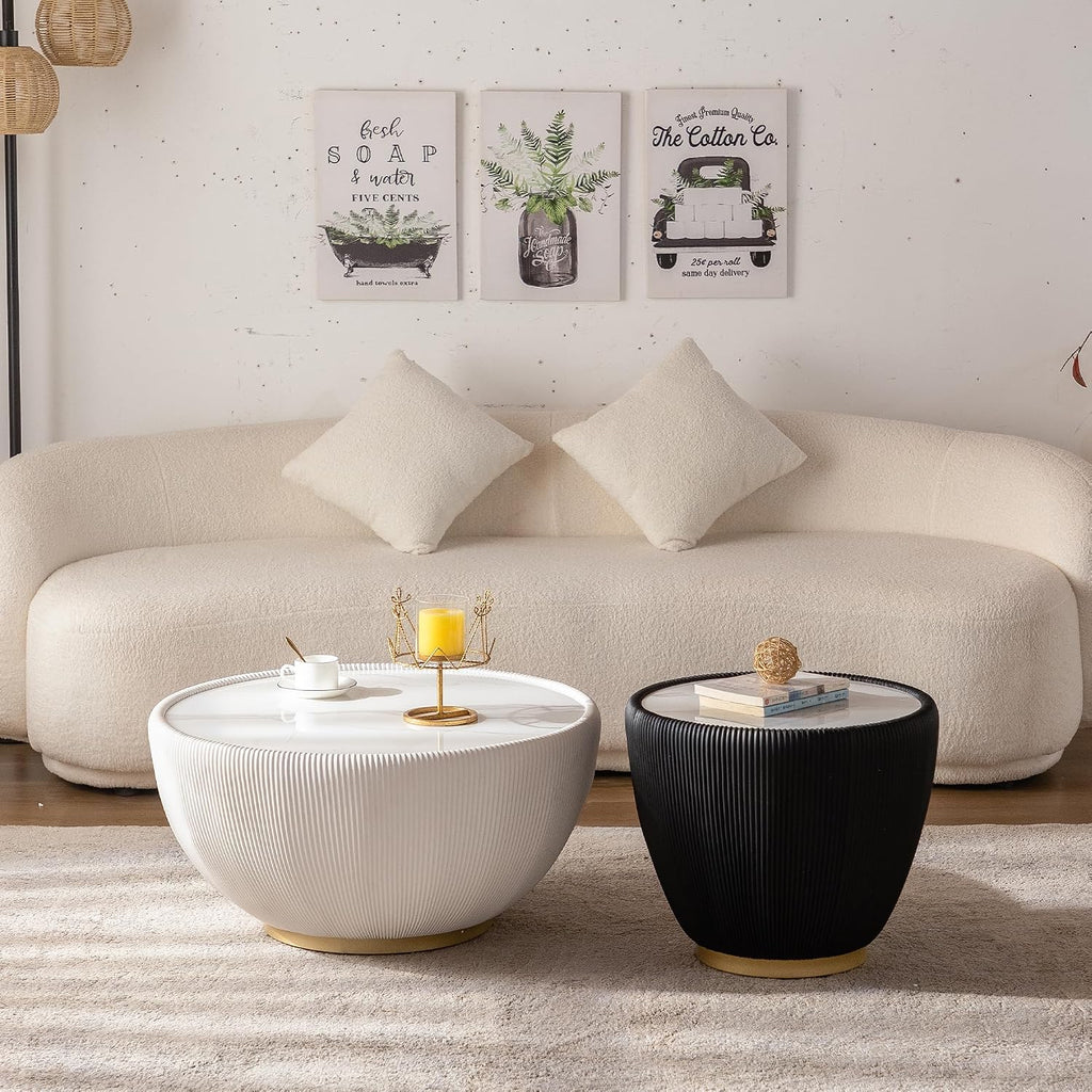 Modern Coffee Table Set, Round Drum Coffee Table with Sintered Stone Top, PU Leather Cover and Metal Base, White and Black Living Room Table Set, 29.53' & 19.7'