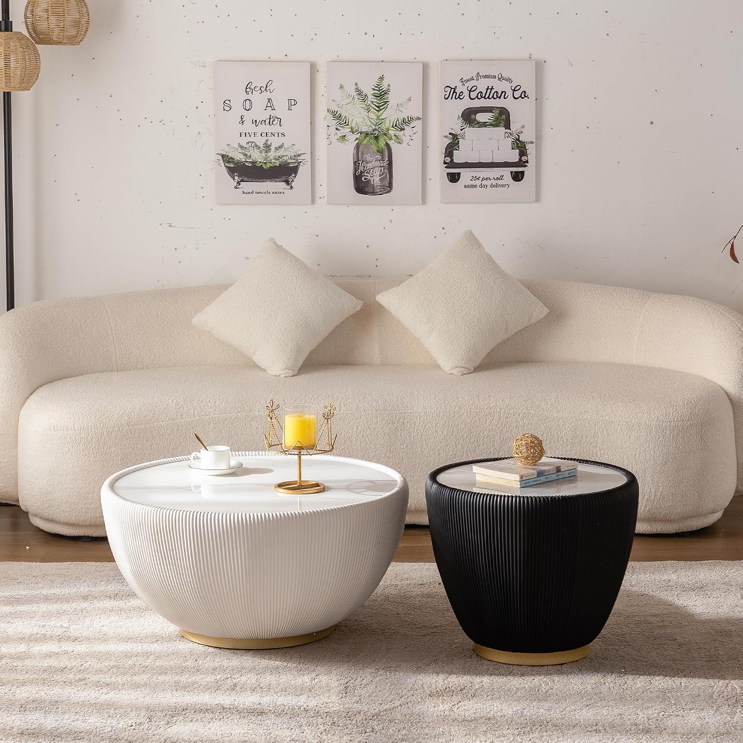 Modern Coffee Table Set, Round Drum Coffee Table with Sintered Stone Top, PU Leather Cover and Metal Base, White and Black Living Room Table Set, 29.53' & 19.7'