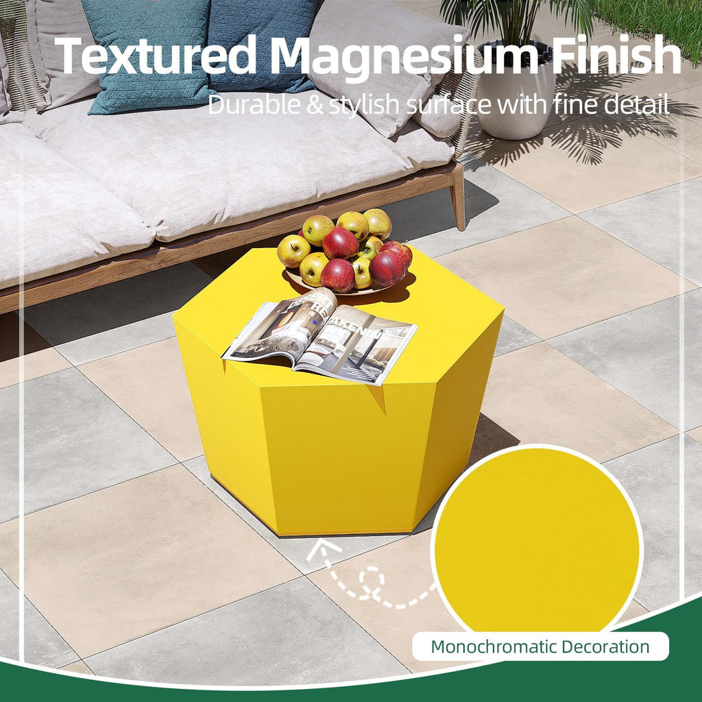 Patio Watcher 28' Modern Hexagon Coffee Table, Light Concrete Textured Center Table for Living Room, Accent Coffee Tea Table for Apartment, 28'×24'×15', No Assembly, Lemon Yellow