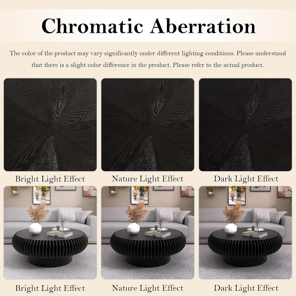 31.49' Round Fluted Coffee Table Unique Contemporary Wood Low Circle Drum Tea Tables with Sturdy Pedestal for Small Space (H Black 31.49in)