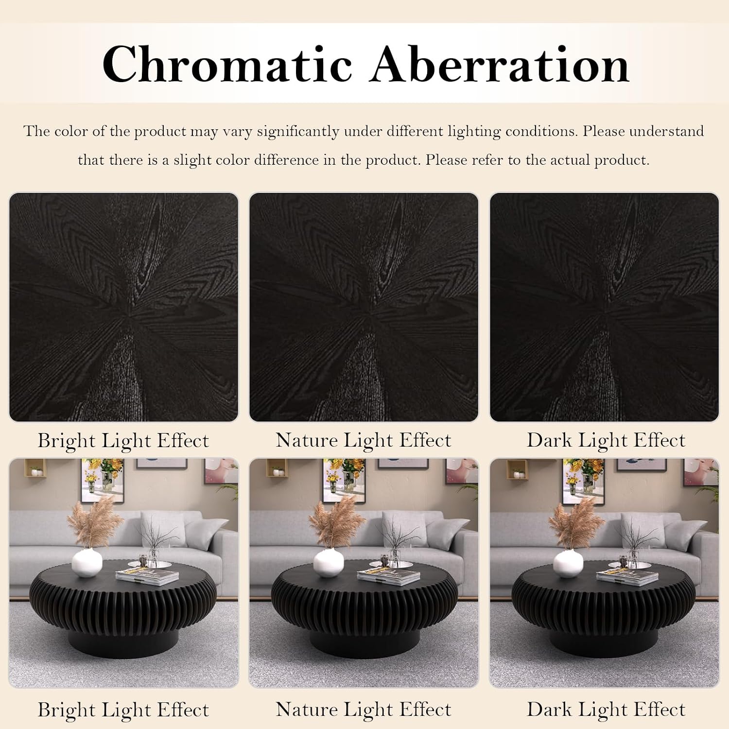 31.49' Round Fluted Coffee Table Unique Contemporary Wood Low Circle Drum Tea Tables with Sturdy Pedestal for Small Space (H Black 31.49in)